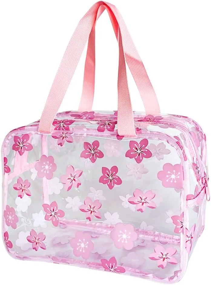 Clear Printed Floral Cosmetic Bag and Travel Pouch with Handle-Durable PVC Material,Versatile,Zipper Design for Smooth Sliding-Ideal for Makeup,Travel Essentials (Pink Floral#1-L)