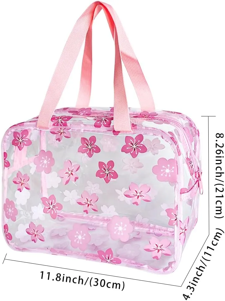 Clear Printed Floral Cosmetic Bag and Travel Pouch with Handle-Durable PVC Material,Versatile,Zipper Design for Smooth Sliding-Ideal for Makeup,Travel Essentials (Pink Floral#1-L)