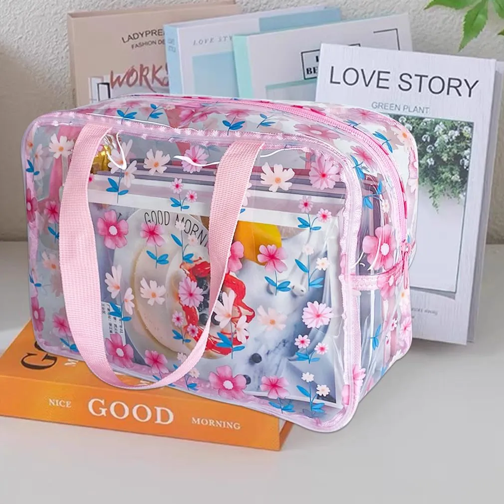 Clear Printed Floral Cosmetic Bag and Travel Pouch with Handle-Durable PVC Material,Versatile,Zipper Design for Smooth Sliding-Ideal for Makeup,Travel Essentials (Pink Floral#2-L)
