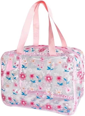 Clear Printed Floral Cosmetic Bag and Travel Pouch with Handle-Durable PVC Material,Versatile,Zipper Design for Smooth Sliding-Ideal for Makeup,Travel Essentials (Pink Floral#2-L)