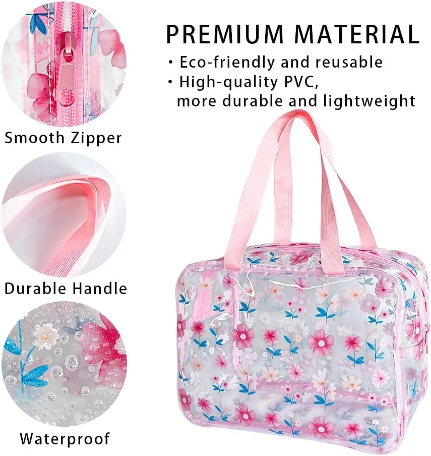 Clear Printed Floral Cosmetic Bag and Travel Pouch with Handle-Durable PVC Material,Versatile,Zipper Design for Smooth Sliding-Ideal for Makeup,Travel Essentials (Pink Floral#2-L)