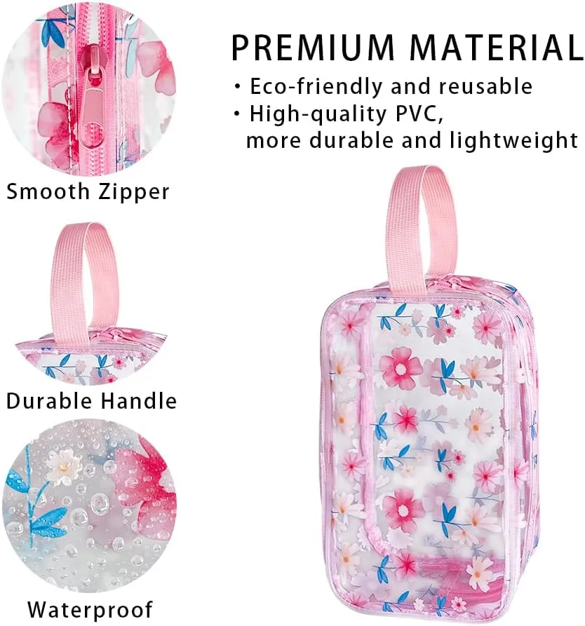 Clear Printed Floral Cosmetic Bag and Travel Pouch with Handle-Durable PVC Material,Versatile,Zipper Design for Smooth Sliding-Ideal for Makeup,Travel Essentials (Pink Floral#2-S)