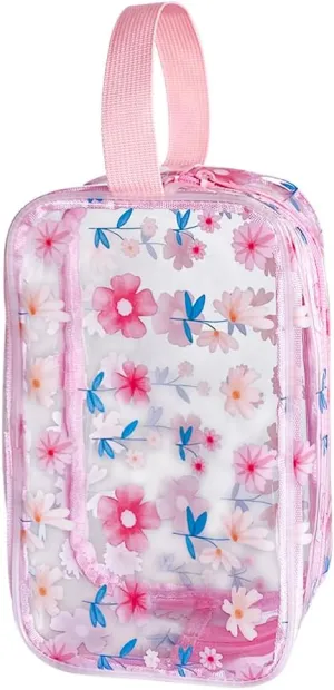 Clear Printed Floral Cosmetic Bag and Travel Pouch with Handle-Durable PVC Material,Versatile,Zipper Design for Smooth Sliding-Ideal for Makeup,Travel Essentials (Pink Floral#2-S)