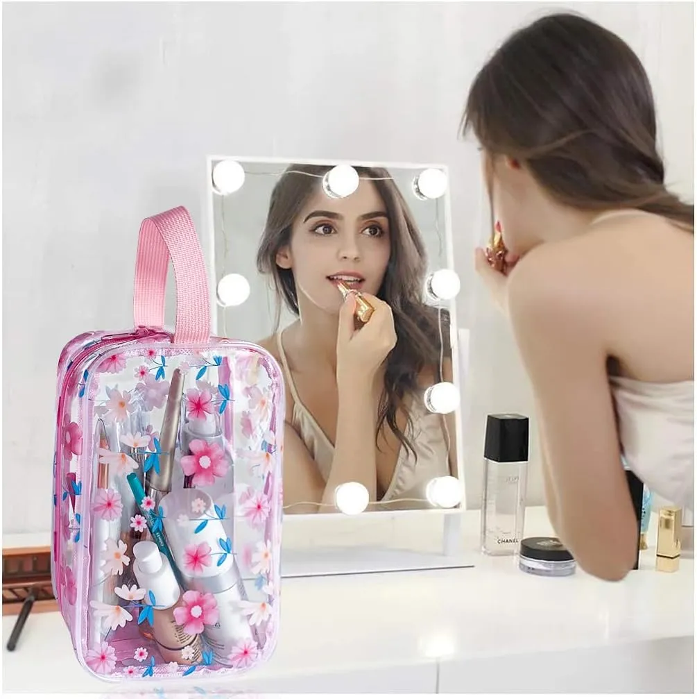 Clear Printed Floral Cosmetic Bag and Travel Pouch with Handle-Durable PVC Material,Versatile,Zipper Design for Smooth Sliding-Ideal for Makeup,Travel Essentials (Pink Floral#2-S)
