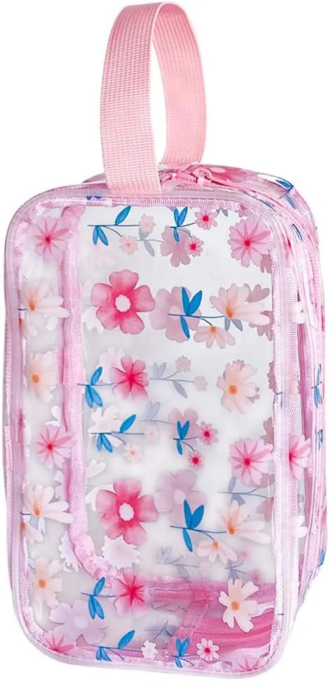 Clear Printed Floral Cosmetic Bag and Travel Pouch with Handle-Durable PVC Material,Versatile,Zipper Design for Smooth Sliding-Ideal for Makeup,Travel Essentials (Pink Floral#2-S)