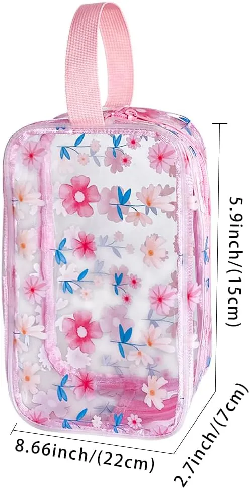Clear Printed Floral Cosmetic Bag and Travel Pouch with Handle-Durable PVC Material,Versatile,Zipper Design for Smooth Sliding-Ideal for Makeup,Travel Essentials (Pink Floral#2-S)
