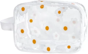 Clear Printed Floral Cosmetic Bag and Travel Pouch with Handle-Durable PVC Material,Versatile,Zipper Design for Smooth Sliding-Ideal for Makeup,Travel Essentials (White Floral#2-S)