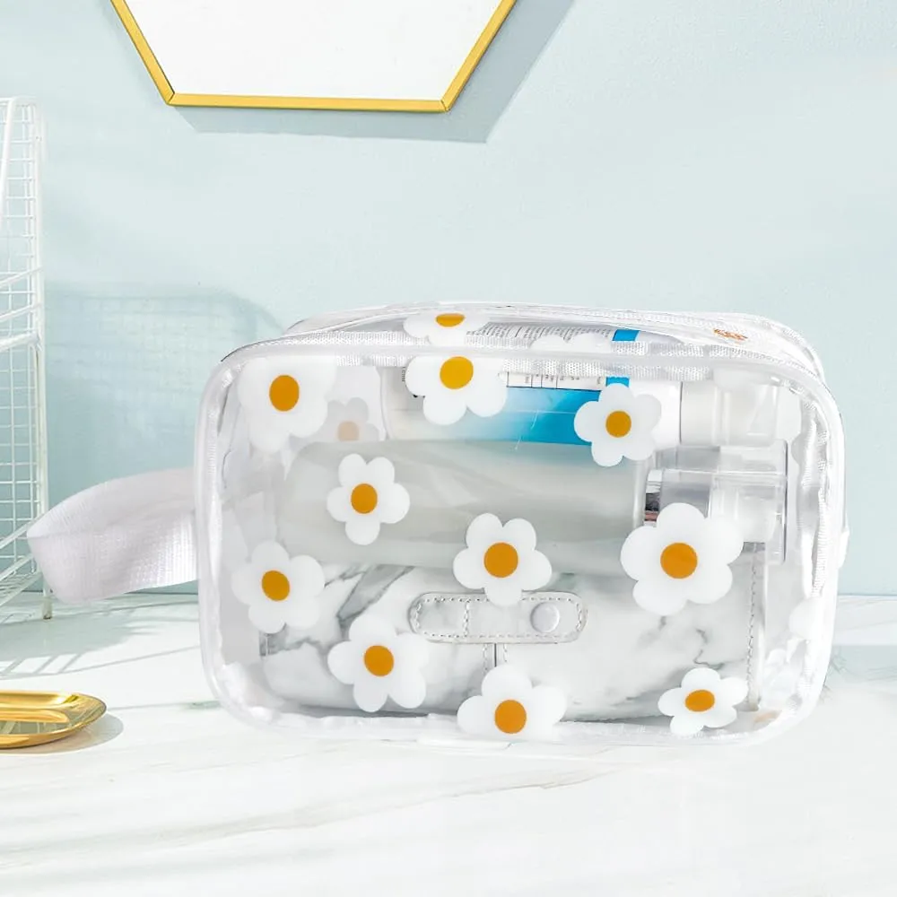 Clear Printed Floral Cosmetic Bag and Travel Pouch with Handle-Durable PVC Material,Versatile,Zipper Design for Smooth Sliding-Ideal for Makeup,Travel Essentials (White Floral#2-S)