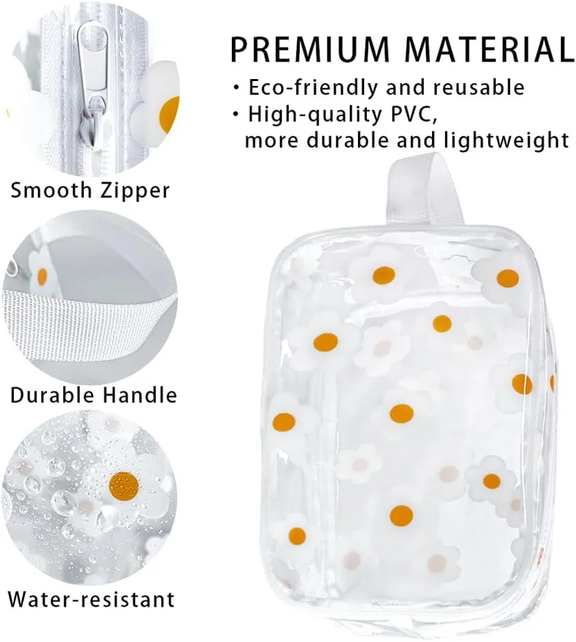 Clear Printed Floral Cosmetic Bag and Travel Pouch with Handle-Durable PVC Material,Versatile,Zipper Design for Smooth Sliding-Ideal for Makeup,Travel Essentials (White Floral#2-S)