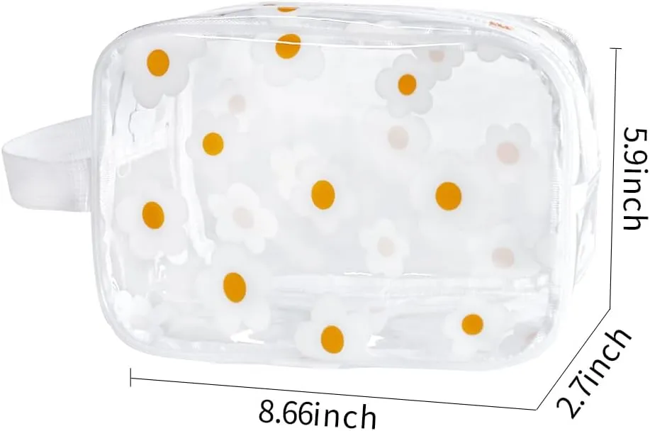 Clear Printed Floral Cosmetic Bag and Travel Pouch with Handle-Durable PVC Material,Versatile,Zipper Design for Smooth Sliding-Ideal for Makeup,Travel Essentials (White Floral#2-S)
