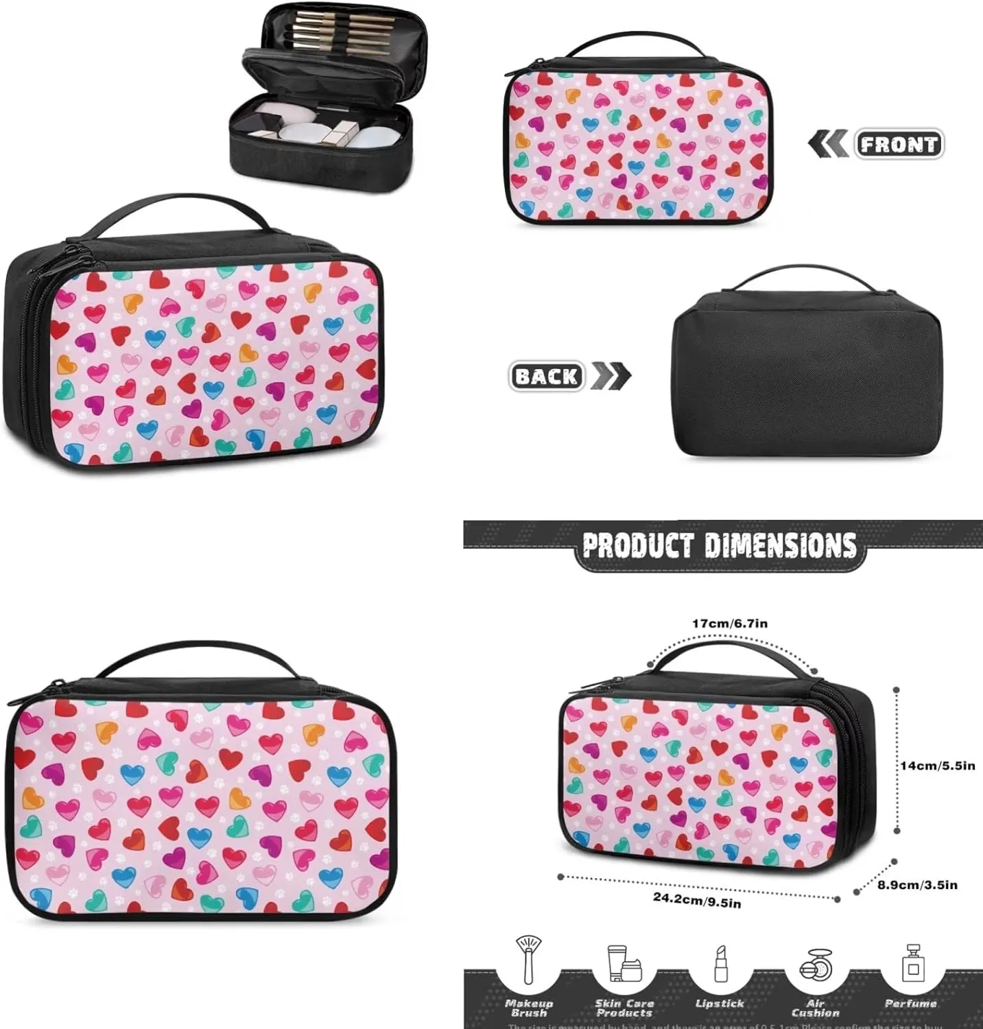 Color Love Heart Makeup Bag with Compartments 3 Piece Valentine's Day Handy Toiletry Pouch for Women Classic Pink Aesthetic Brush Organizer with Slots