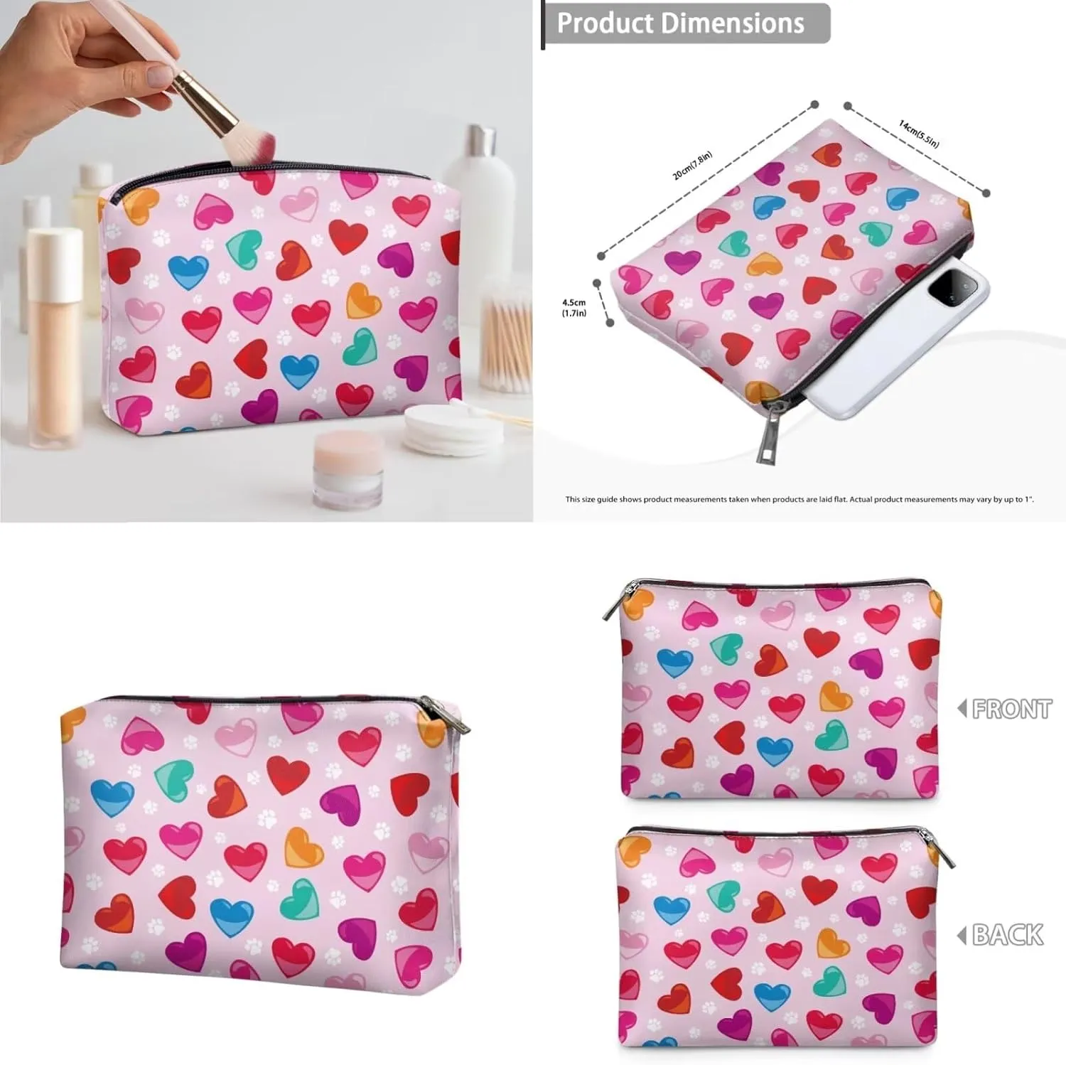 Color Love Heart Makeup Bag with Compartments 3 Piece Valentine's Day Handy Toiletry Pouch for Women Classic Pink Aesthetic Brush Organizer with Slots