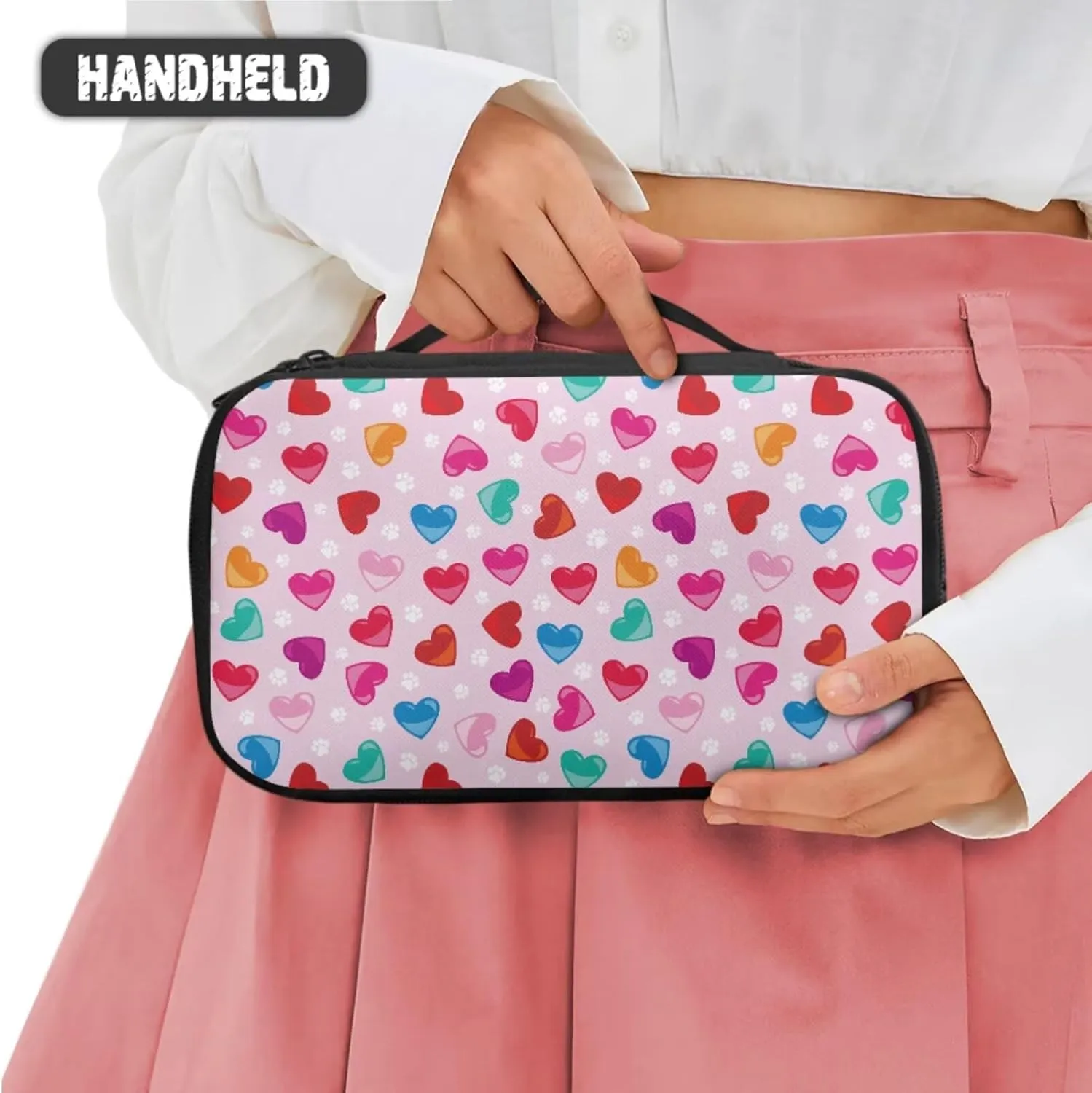 Color Love Heart Makeup Bag with Compartments 3 Piece Valentine's Day Handy Toiletry Pouch for Women Classic Pink Aesthetic Brush Organizer with Slots