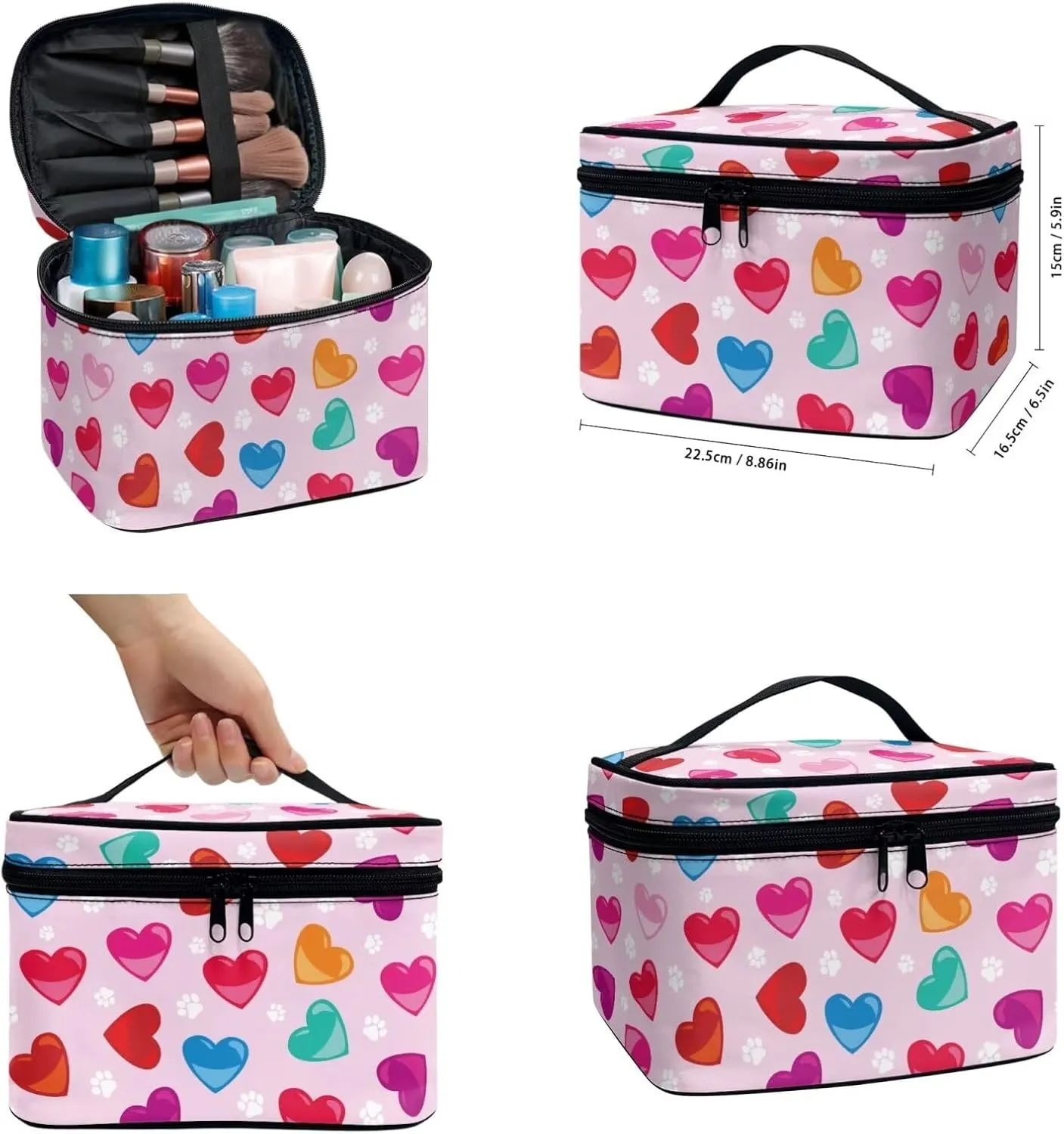 Color Love Heart Makeup Bag with Compartments 3 Piece Valentine's Day Handy Toiletry Pouch for Women Classic Pink Aesthetic Brush Organizer with Slots