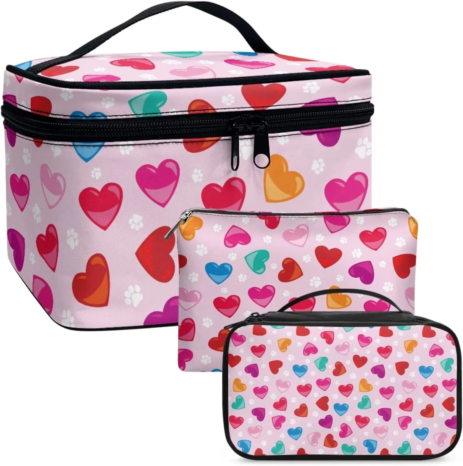 Color Love Heart Makeup Bag with Compartments 3 Piece Valentine's Day Handy Toiletry Pouch for Women Classic Pink Aesthetic Brush Organizer with Slots
