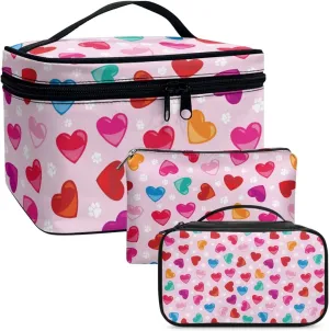 Color Love Heart Makeup Bag with Compartments 3 Piece Valentine's Day Handy Toiletry Pouch for Women Classic Pink Aesthetic Brush Organizer with Slots