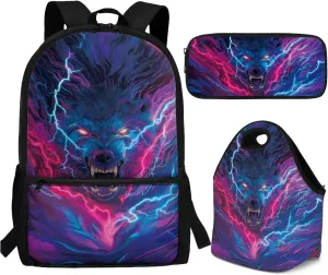 Cool Lightning Wolf Print Student Essentials Backpack Set  3-Piece Matching Bookbag, Insulated Lunch Box, Pencil Pouch, Durable Comfortable Carry, Ideal for High School & College