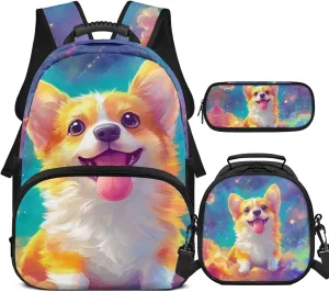 Corgi Backpack for Girls 3 in 1 Kawaii Personalized Kids Bookbag with Lunch Box Lightweight Purple Kids Lunch Bags for School Versatile Zippered Pencil Case