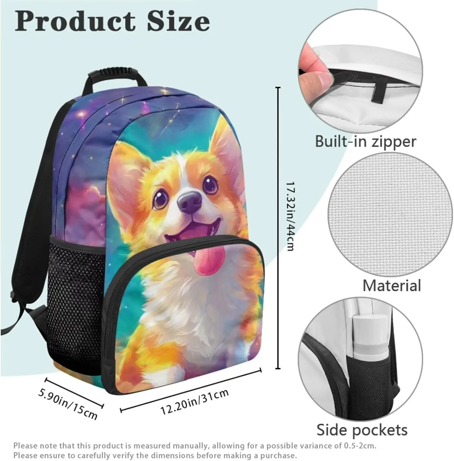 Corgi Backpack for Girls 3 in 1 Kawaii Personalized Kids Bookbag with Lunch Box Lightweight Purple Kids Lunch Bags for School Versatile Zippered Pencil Case