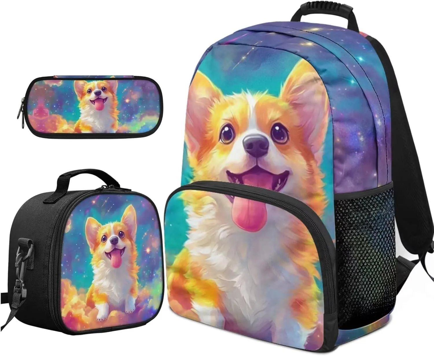 Corgi Backpack for Girls 3 in 1 Kawaii Personalized Kids Bookbag with Lunch Box Lightweight Purple Kids Lunch Bags for School Versatile Zippered Pencil Case