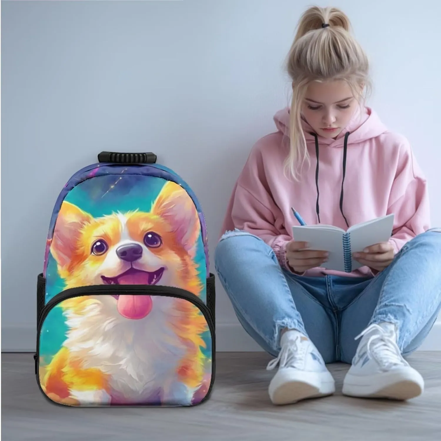 Corgi Backpack for Girls 3 in 1 Kawaii Personalized Kids Bookbag with Lunch Box Lightweight Purple Kids Lunch Bags for School Versatile Zippered Pencil Case
