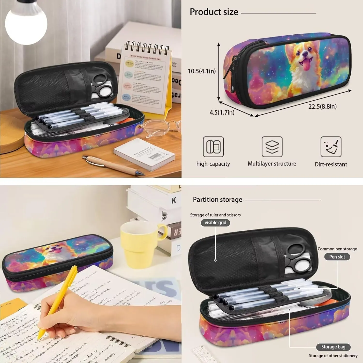 Corgi Backpack for Girls 3 in 1 Kawaii Personalized Kids Bookbag with Lunch Box Lightweight Purple Kids Lunch Bags for School Versatile Zippered Pencil Case