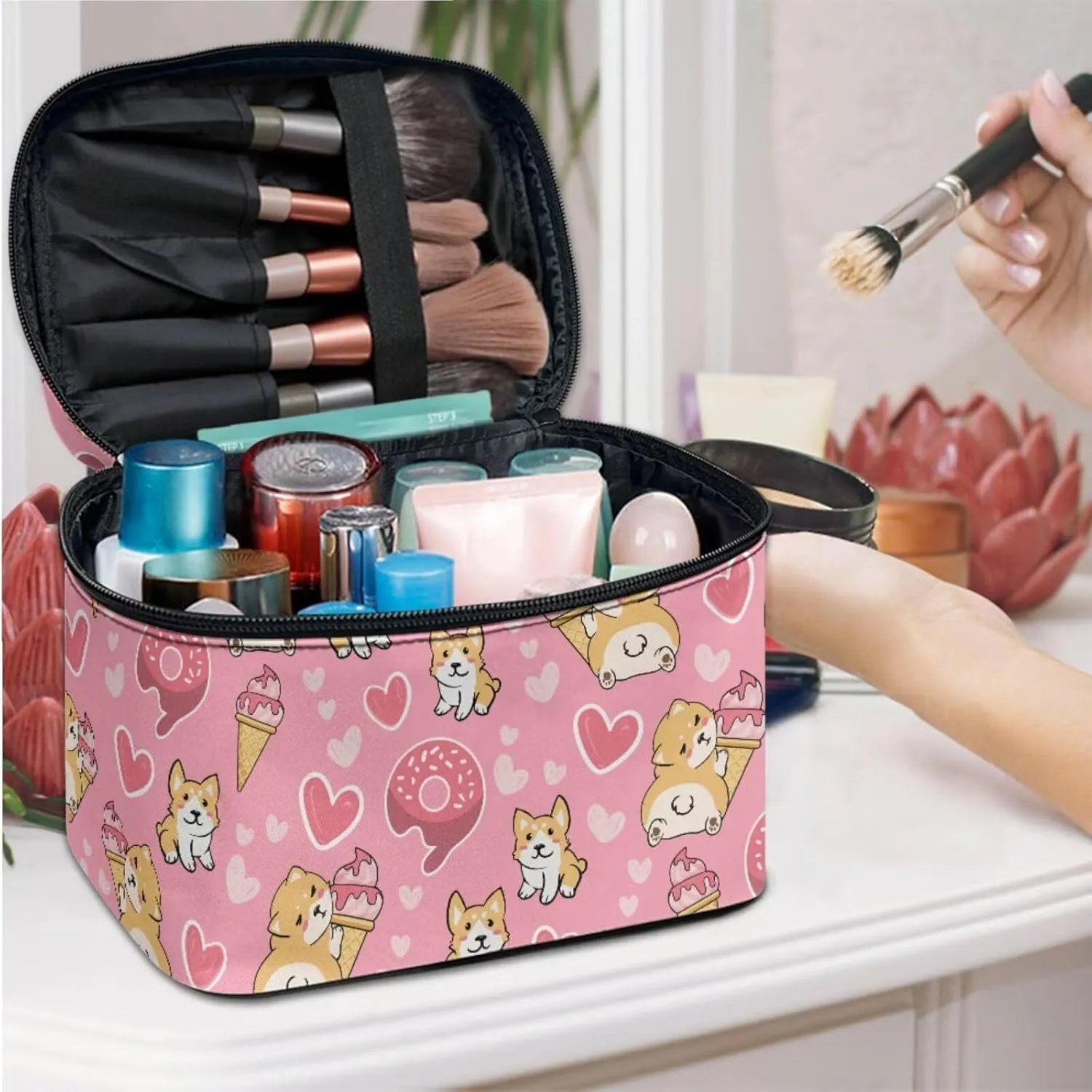 Corgi Large Makeup Capacity Cosmetic Storage Skin Care Organizer Love Heart Toiletry Bags with Inner Pockets Valentine's Day Cute Ice Cream Wash Pouch 3 Pcs