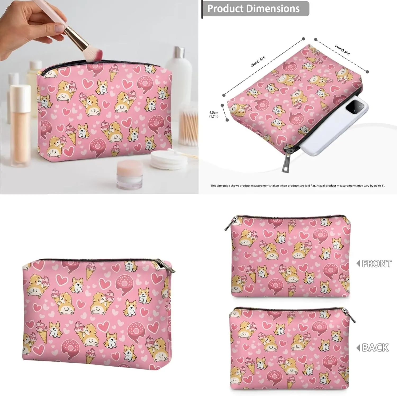 Corgi Large Makeup Capacity Cosmetic Storage Skin Care Organizer Love Heart Toiletry Bags with Inner Pockets Valentine's Day Cute Ice Cream Wash Pouch 3 Pcs