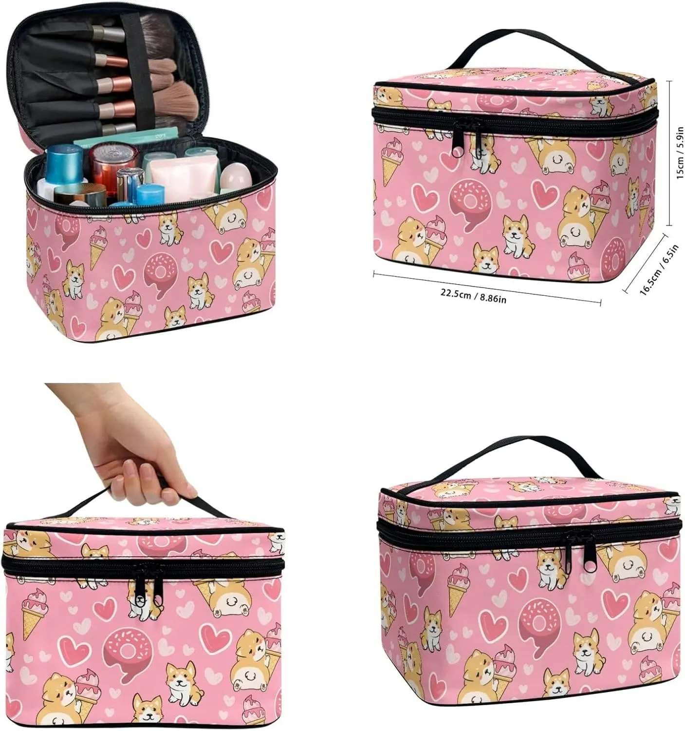 Corgi Large Makeup Capacity Cosmetic Storage Skin Care Organizer Love Heart Toiletry Bags with Inner Pockets Valentine's Day Cute Ice Cream Wash Pouch 3 Pcs
