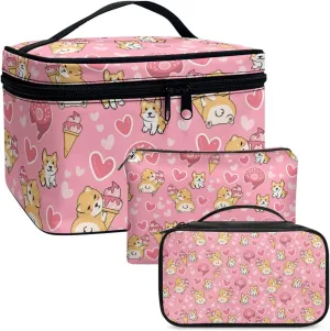 Corgi Large Makeup Capacity Cosmetic Storage Skin Care Organizer Love Heart Toiletry Bags with Inner Pockets Valentine's Day Cute Ice Cream Wash Pouch 3 Pcs