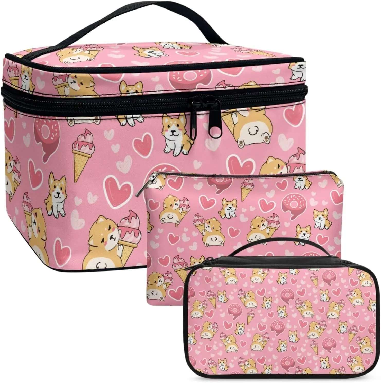 Corgi Large Makeup Capacity Cosmetic Storage Skin Care Organizer Love Heart Toiletry Bags with Inner Pockets Valentine's Day Cute Ice Cream Wash Pouch 3 Pcs