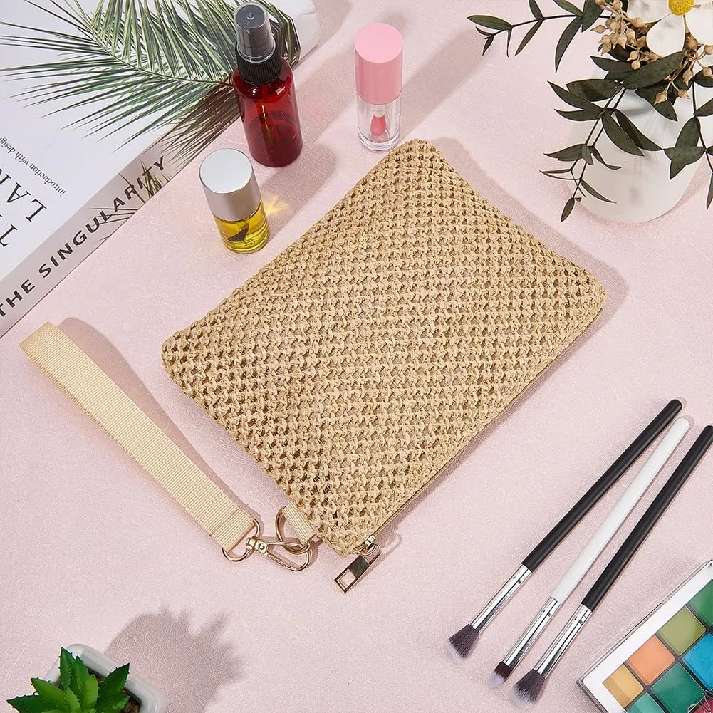 CREATCABIN Beige Straw Woven Cosmetic Pouch Bohemian Beach Straw Purses Portable Vacation Travel Storage Clutch Bags for Outdoor Camping Toiletry Makeup Tools Organiser Hawaii Zipper Handbags 8.3x6in