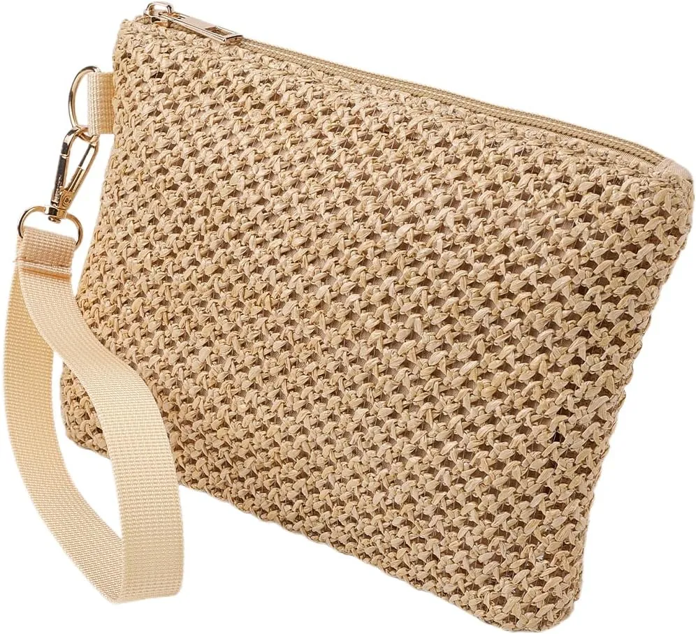 CREATCABIN Beige Straw Woven Cosmetic Pouch Bohemian Beach Straw Purses Portable Vacation Travel Storage Clutch Bags for Outdoor Camping Toiletry Makeup Tools Organiser Hawaii Zipper Handbags 8.3x6in