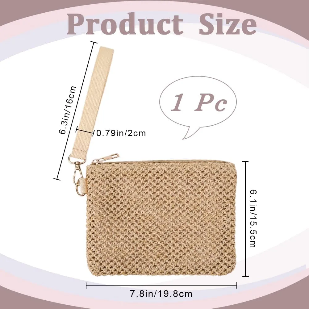 CREATCABIN Beige Straw Woven Cosmetic Pouch Bohemian Beach Straw Purses Portable Vacation Travel Storage Clutch Bags for Outdoor Camping Toiletry Makeup Tools Organiser Hawaii Zipper Handbags 8.3x6in