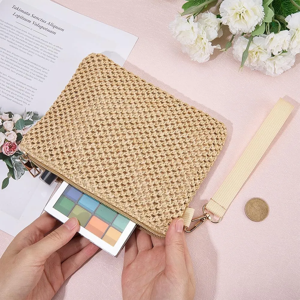CREATCABIN Beige Straw Woven Cosmetic Pouch Bohemian Beach Straw Purses Portable Vacation Travel Storage Clutch Bags for Outdoor Camping Toiletry Makeup Tools Organiser Hawaii Zipper Handbags 8.3x6in