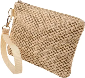 CREATCABIN Beige Straw Woven Cosmetic Pouch Bohemian Beach Straw Purses Portable Vacation Travel Storage Clutch Bags for Outdoor Camping Toiletry Makeup Tools Organiser Hawaii Zipper Handbags 8.3x6in