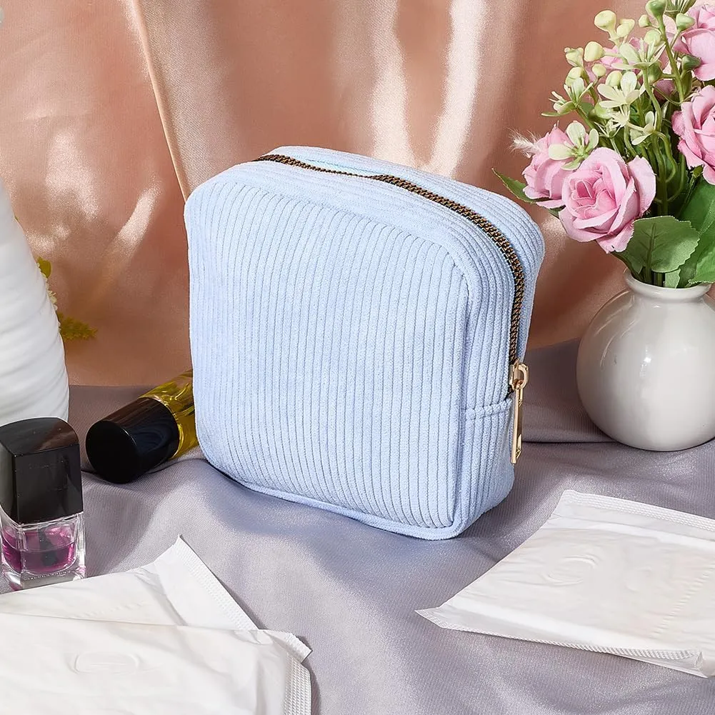 CREATCABIN Corduroy Cloth Cosmetic Bag Light Blue Large Capacity Travel Storage Pouch Toiletry Pouch Zipper Tool Bag for Vacation Business Travel Daily Supplies Makeup Tools Organiser 5.32x4.92x2.13in