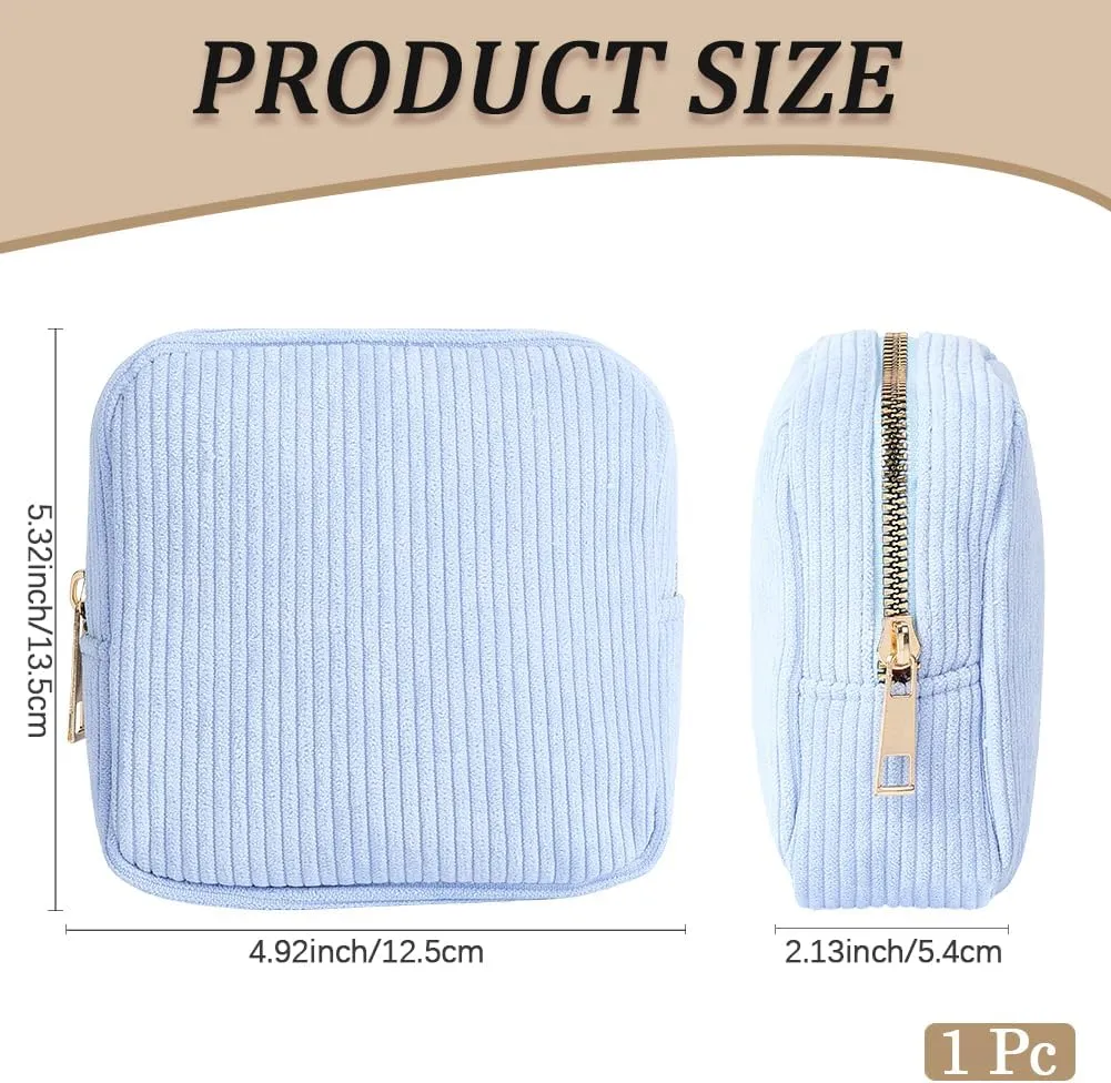 CREATCABIN Corduroy Cloth Cosmetic Bag Light Blue Large Capacity Travel Storage Pouch Toiletry Pouch Zipper Tool Bag for Vacation Business Travel Daily Supplies Makeup Tools Organiser 5.32x4.92x2.13in