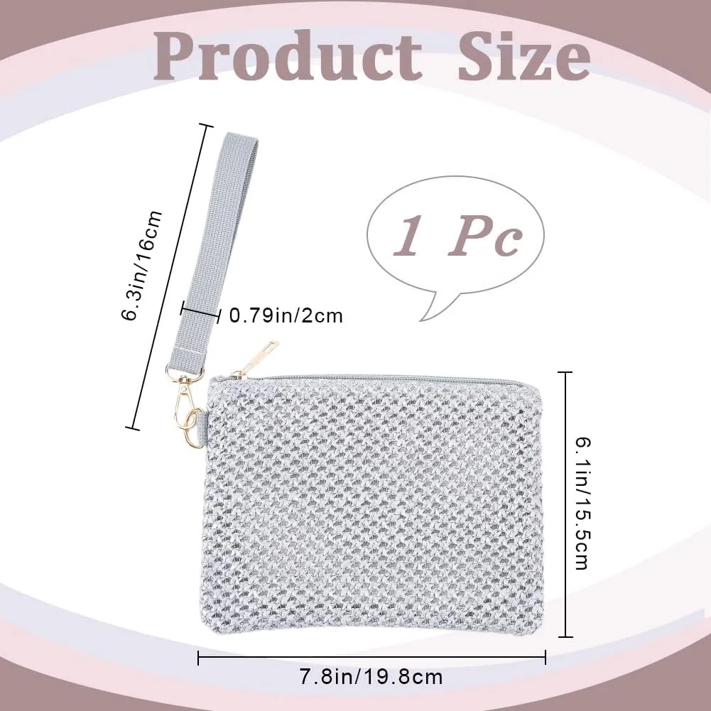 CREATCABIN Silver Straw Woven Cosmetic Pouch Bohemian Beach Straw Purses Portable Vacation Travel Storage Clutch Bags for Outdoor Camping Toiletry Makeup Tools Organiser Hawaii Zipper Handbags 8.3x6in