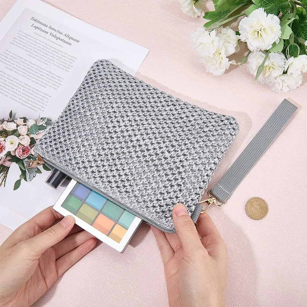 CREATCABIN Silver Straw Woven Cosmetic Pouch Bohemian Beach Straw Purses Portable Vacation Travel Storage Clutch Bags for Outdoor Camping Toiletry Makeup Tools Organiser Hawaii Zipper Handbags 8.3x6in