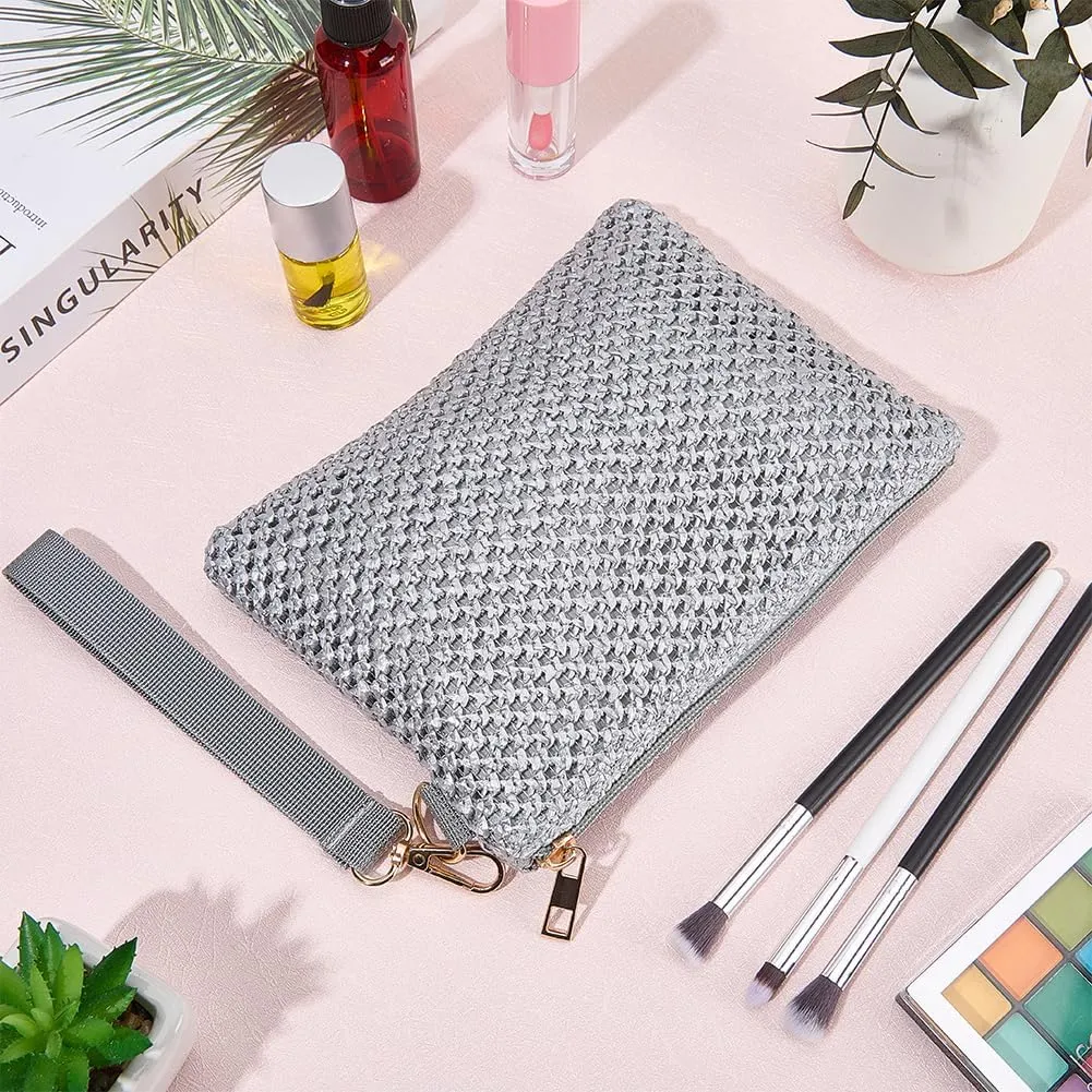 CREATCABIN Silver Straw Woven Cosmetic Pouch Bohemian Beach Straw Purses Portable Vacation Travel Storage Clutch Bags for Outdoor Camping Toiletry Makeup Tools Organiser Hawaii Zipper Handbags 8.3x6in