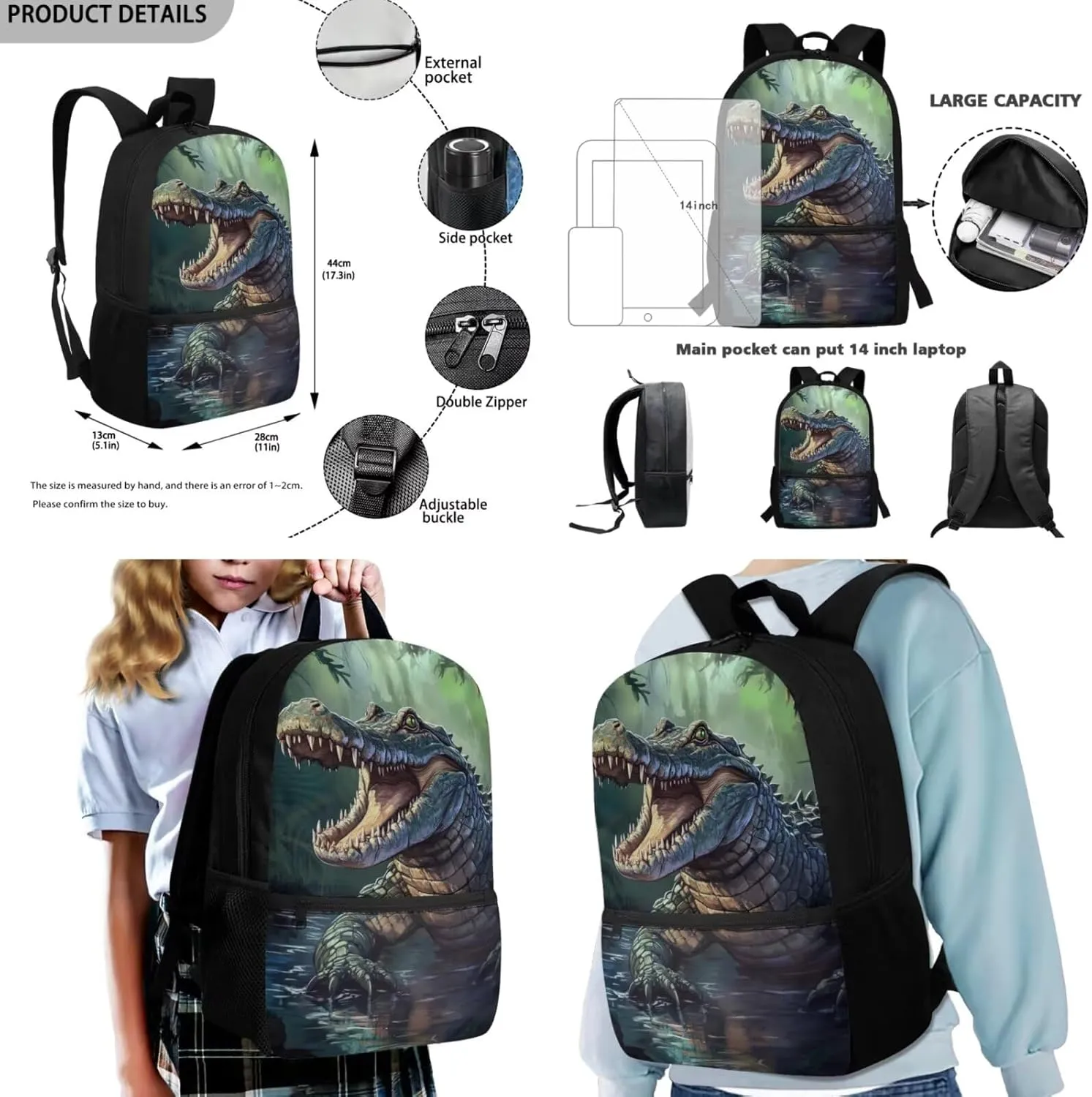 Crocodile Backpack Kids Set of 3 Lightweight 17 Inch Bookbag for Boys 8-12 with Lunch Box Versatile Lunch Bags with Handle Green School Knapsack with Front Pockets