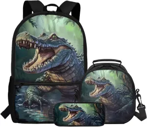 Crocodile Backpack Kids Set of 3 Lightweight 17 Inch Bookbag for Boys 8-12 with Lunch Box Versatile Lunch Bags with Handle Green School Knapsack with Front Pockets