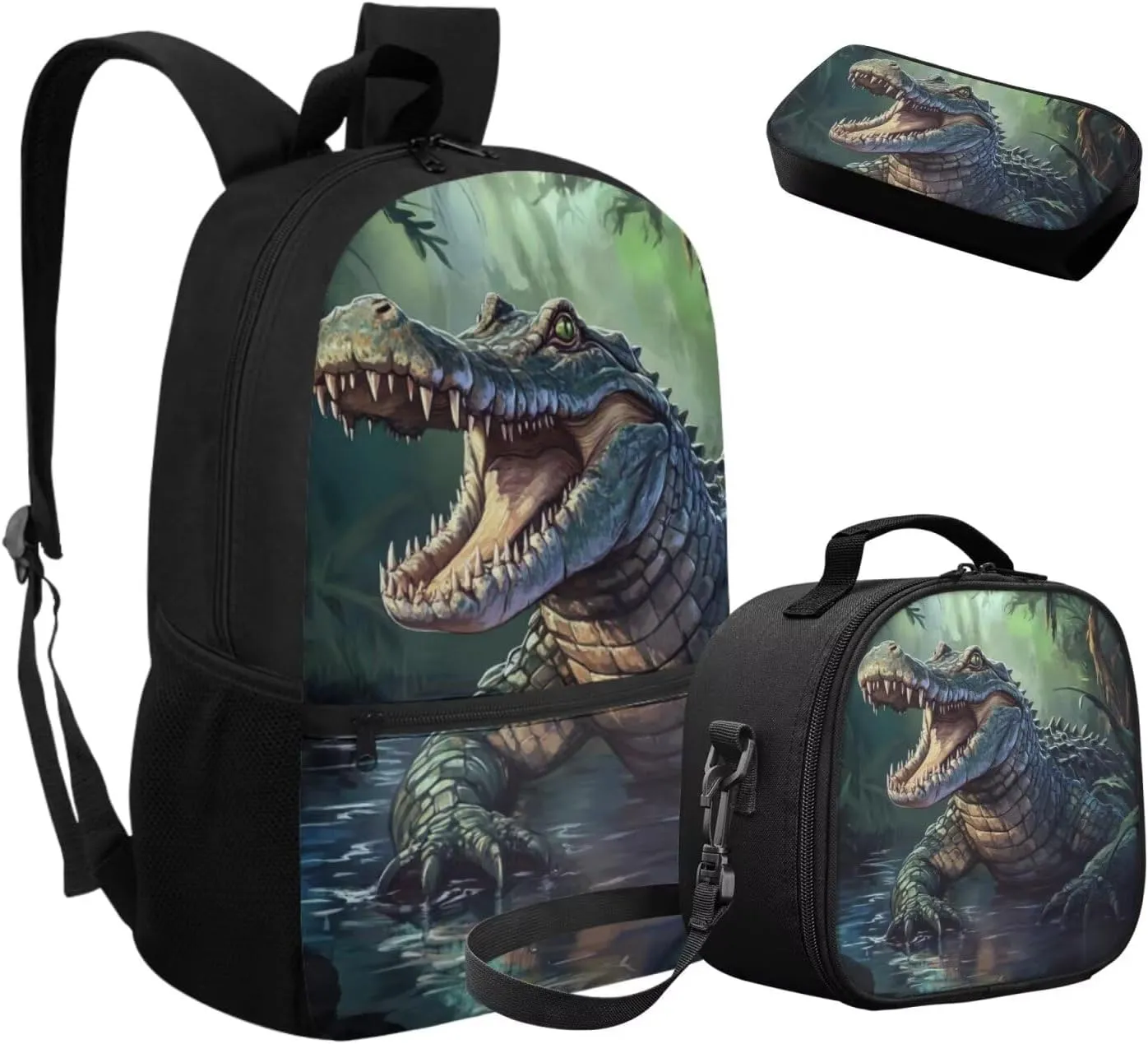 Crocodile Backpack Kids Set of 3 Lightweight 17 Inch Bookbag for Boys 8-12 with Lunch Box Versatile Lunch Bags with Handle Green School Knapsack with Front Pockets
