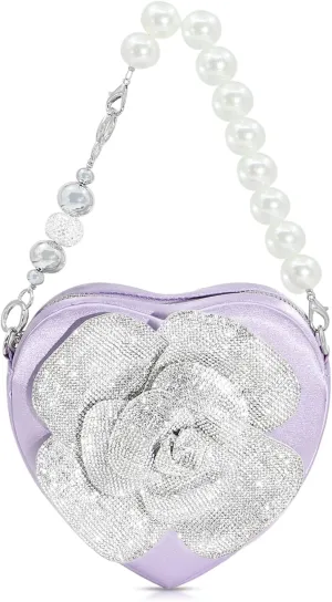 Crossbody Bag for Women, Satin Love Evening Bag, Camellia Rhinestone Small Tote Bag, Pearl Straps Sleek Handbag, Clutch Purses for Wedding, Prom, Parties, Travel(Purple)