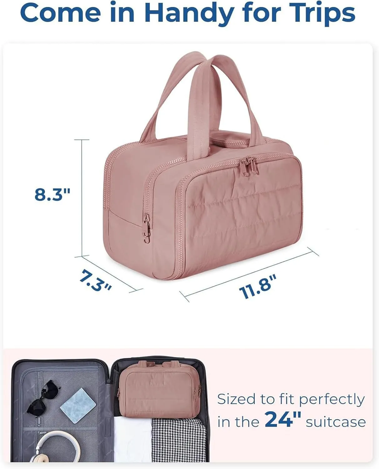 Curetoaway Travel Cosmetic Bag, Large Capacity Wide-Open Travel Cosmetic Bag, Organizer with Handle for Accessories,Essentials, Toiletries (Light Pink)