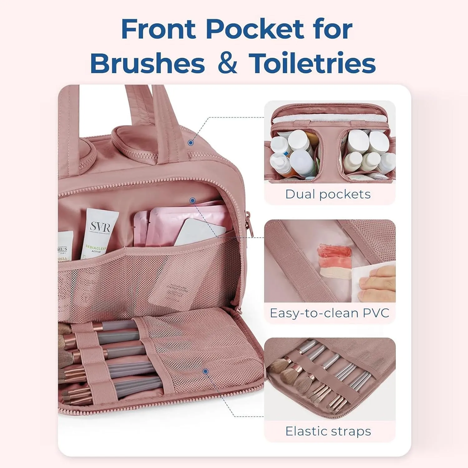 Curetoaway Travel Cosmetic Bag, Large Capacity Wide-Open Travel Cosmetic Bag, Organizer with Handle for Accessories,Essentials, Toiletries (Light Pink)