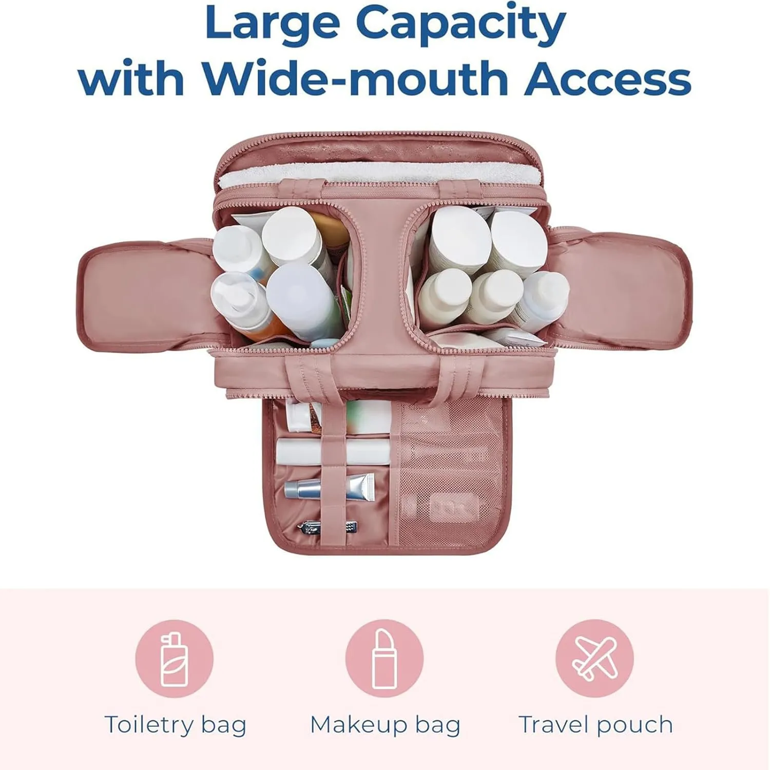 Curetoaway Travel Cosmetic Bag, Large Capacity Wide-Open Travel Cosmetic Bag, Organizer with Handle for Accessories,Essentials, Toiletries (Light Pink)
