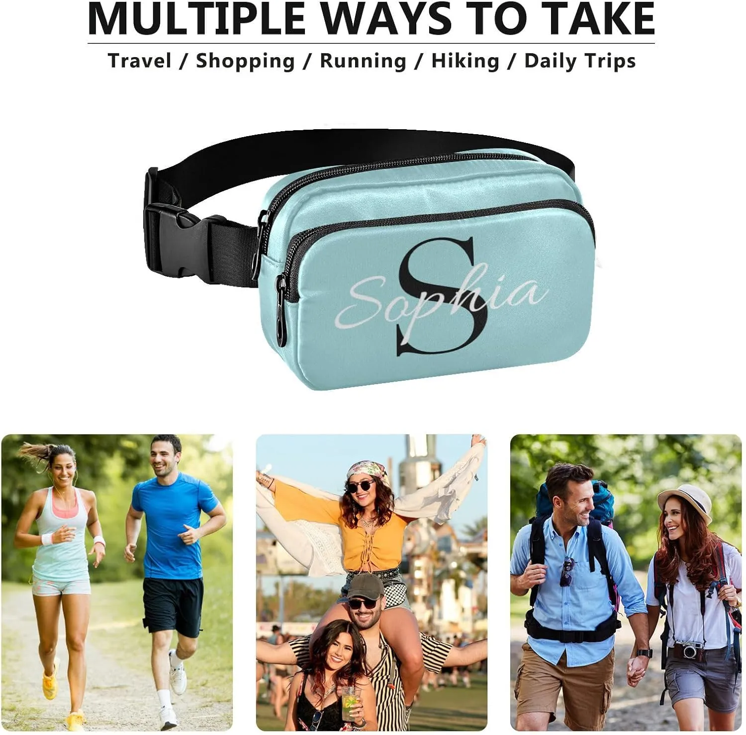 Custom Light Teal Fanny Pack for Women Men Personalizied Belt Bag Crossbody Waist Pouch Waterproof Everywhere Purse Fashion Sling Bag for Workout Running Travel