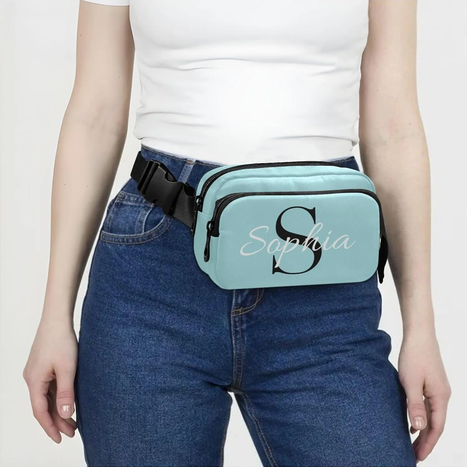 Custom Light Teal Fanny Pack for Women Men Personalizied Belt Bag Crossbody Waist Pouch Waterproof Everywhere Purse Fashion Sling Bag for Workout Running Travel